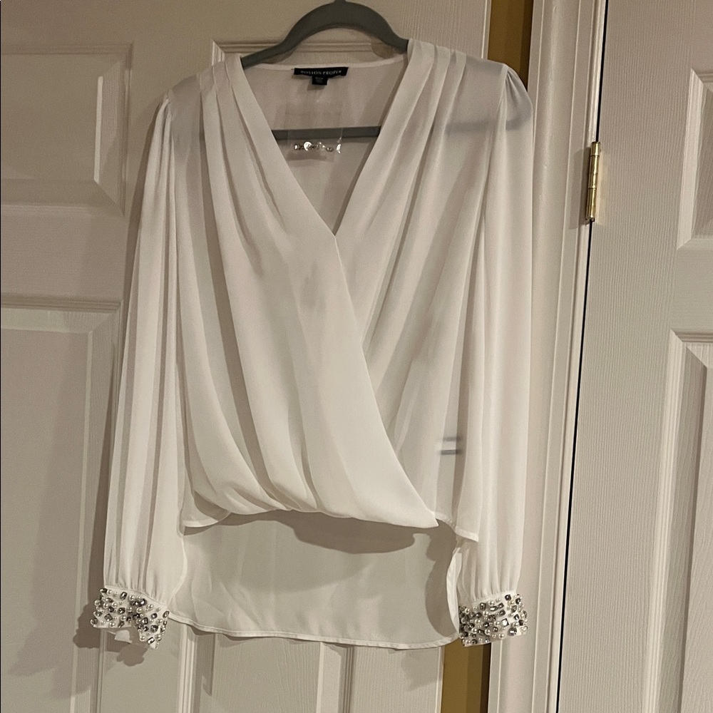 Boston Proper White Blouse with Embellished Cuffs